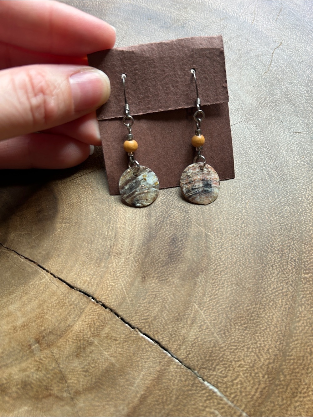 Natural Stone Disc Drop Earrings with Warm Tan Bead